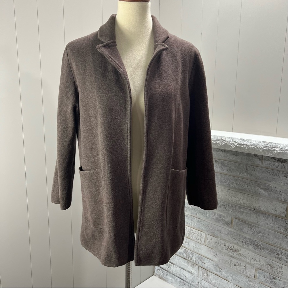 Quince Organic Cotton Knit Brown Open Front Bracelet Sleeve Cardigan Jacket M